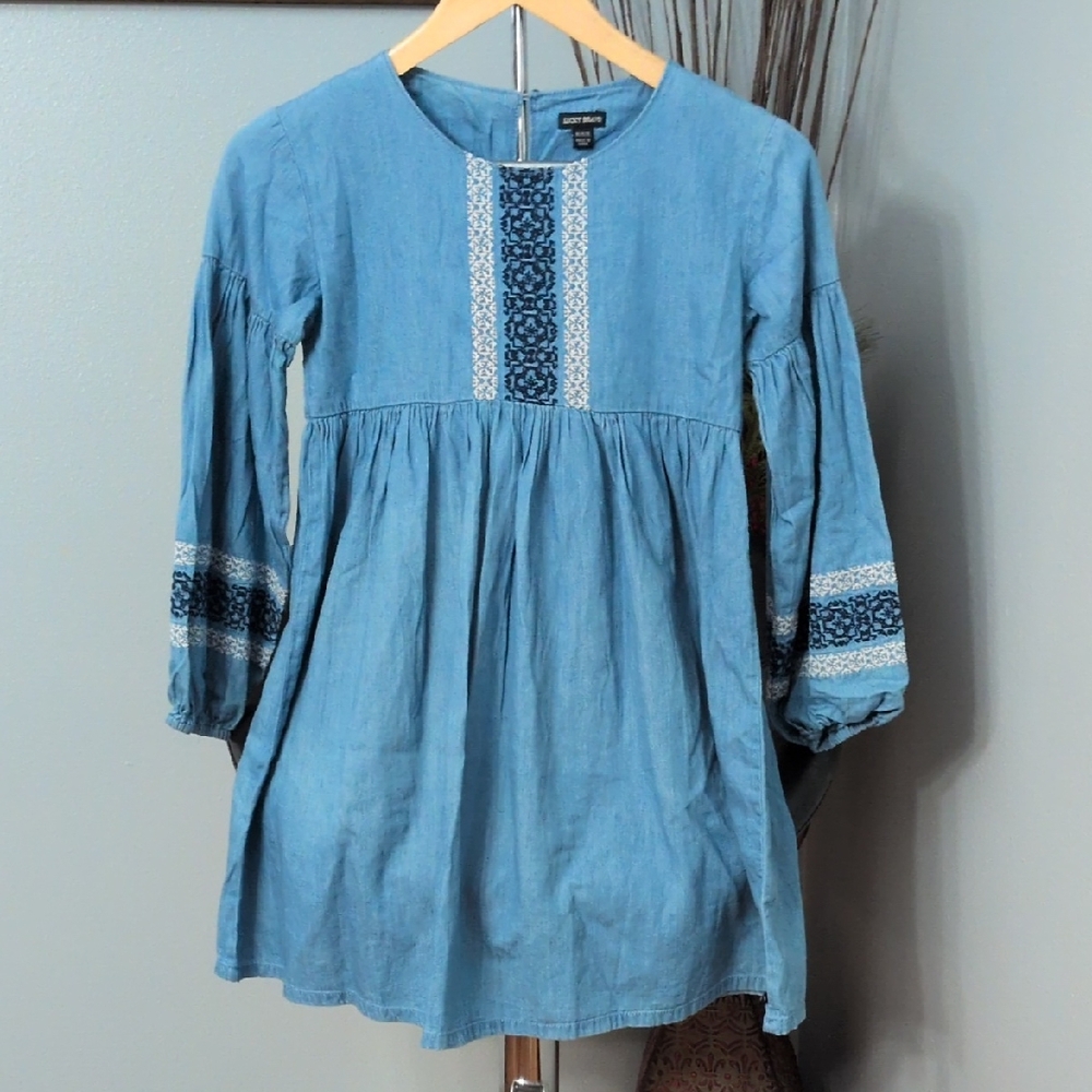 Lucky Brand Blue Chambray Embroidered Peasant Dress